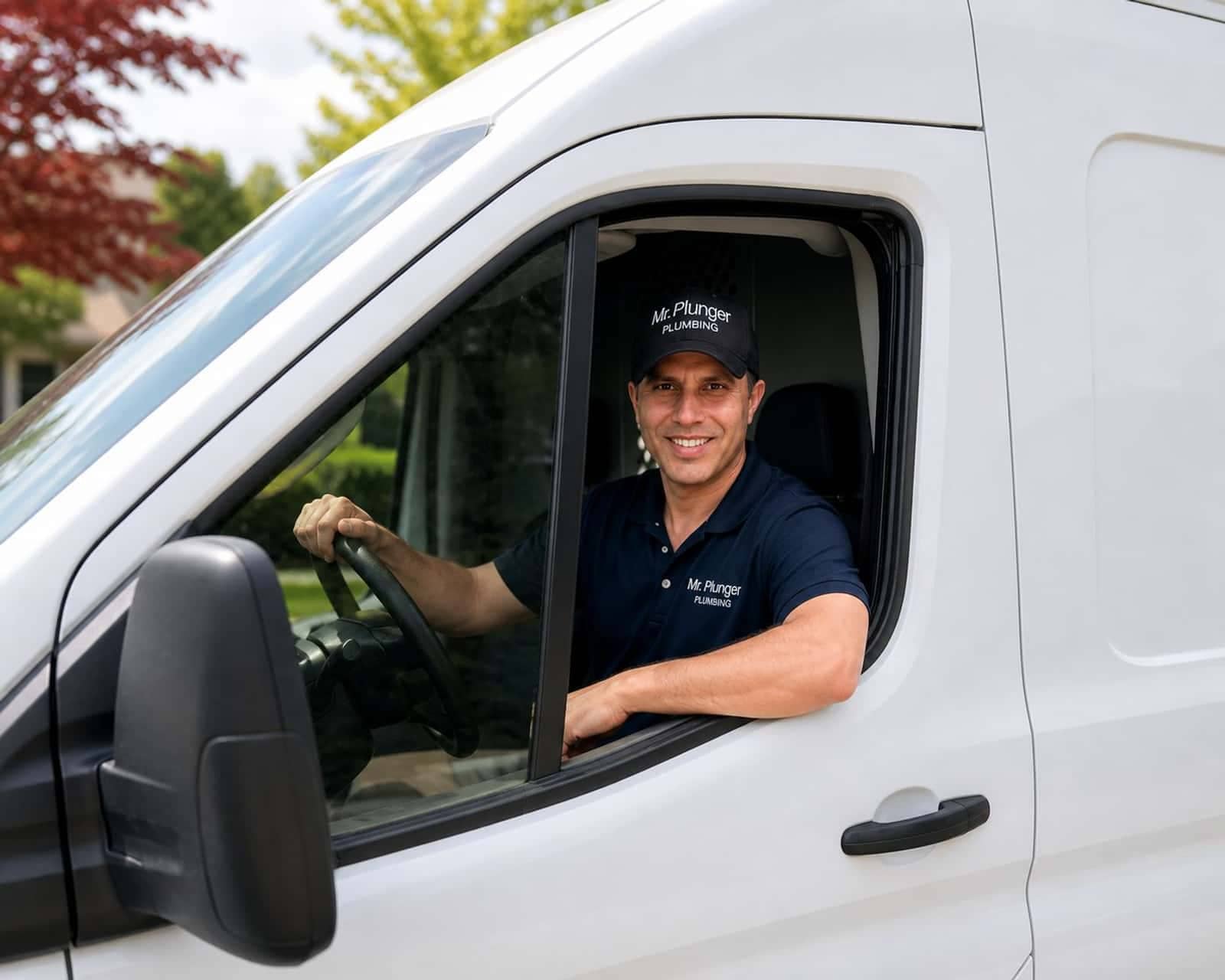 Mr. Plunger plumber driving the service van across the Lower Mainland