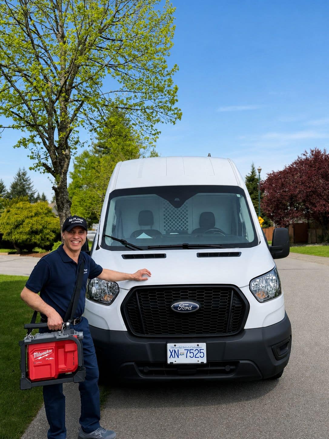 Mr. Plunger plumber with toolkit standing beside the company van