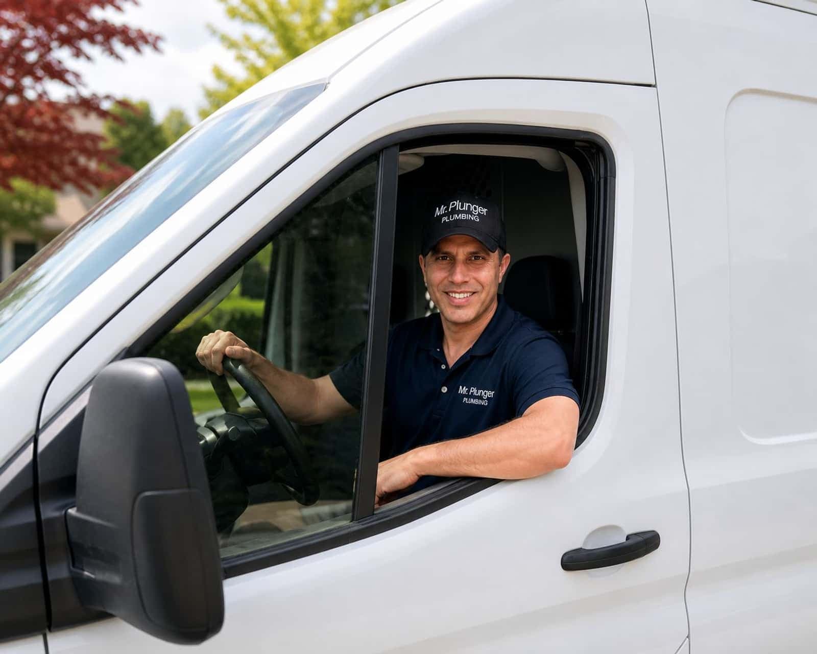 Mr. Plunger plumber driving the service van across the Lower Mainland